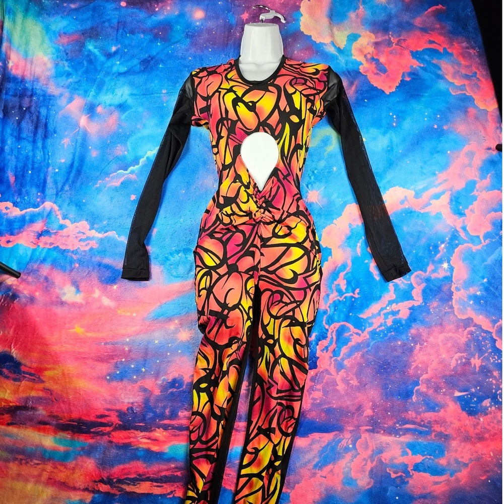 Chenny Exclusividades Psychedelic Print Cutout Long‎ Sleeve Jumpsuit Women Small
